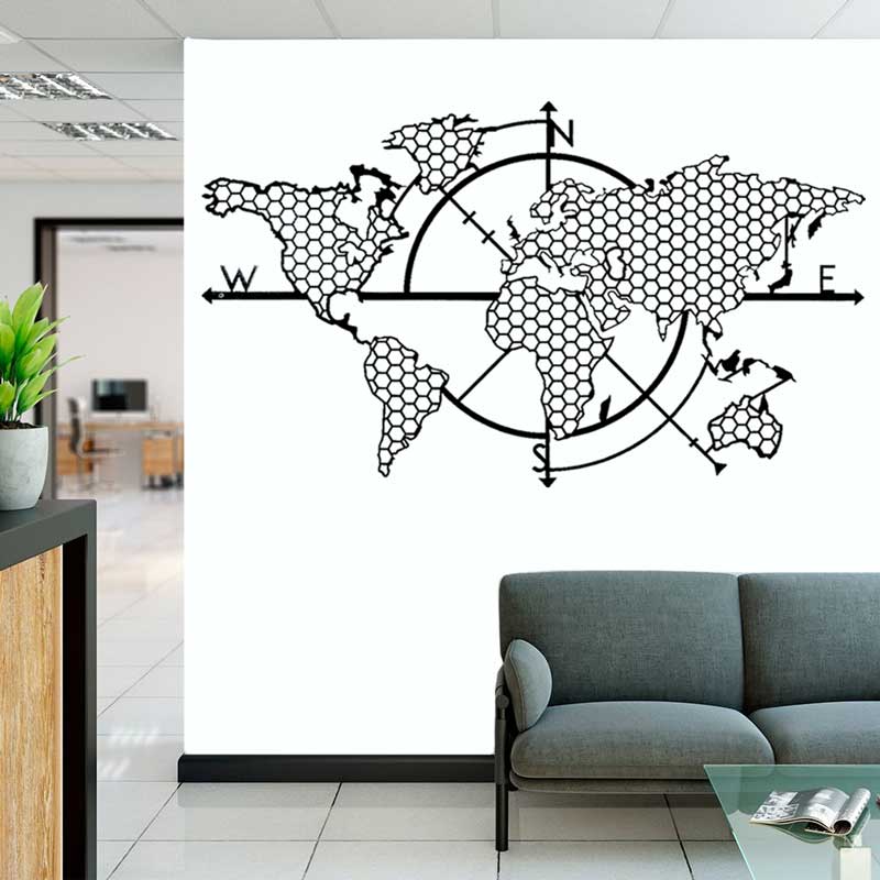 Office Furniture World - Honingraat Geometrische Wereldkaart Kompas Vinyl Muurstickers